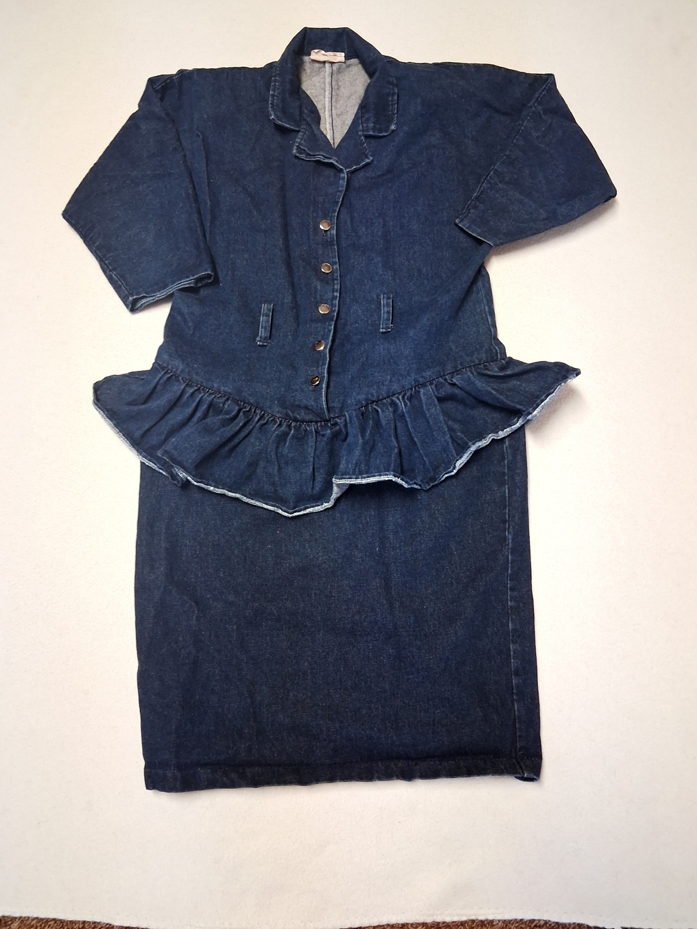 Vintage Porto Modes Women’s Dark Blue Denim Ruffle-Hem Jean Jacket Dress
